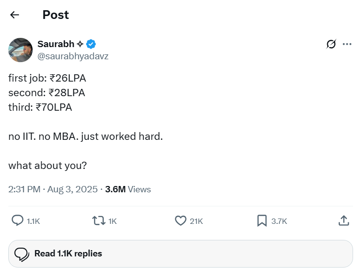 IT प्रोफेशनल का ट्विटर पोस्ट वायरल, बिना IIT और MBA किए 72 लाख कमा रहा